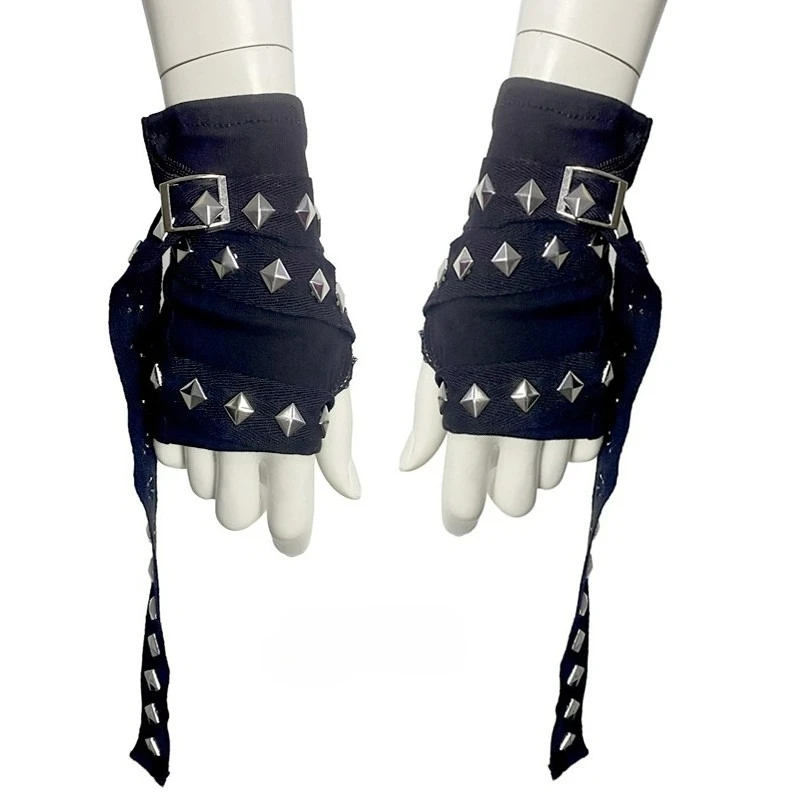 Guantes de cadena con remaches negros, Unisex, correa Y2K, funda de mano para niña, cubierta de brazo de Hip Hop para chicas adolescentes, accesorios para guantes de conducción