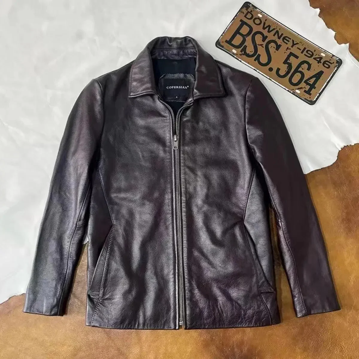 Copersian Men's Natural Vintage Retro Leather Jacket Motorcycle Top Layer Causal Moto Suit Coat Dropshipping