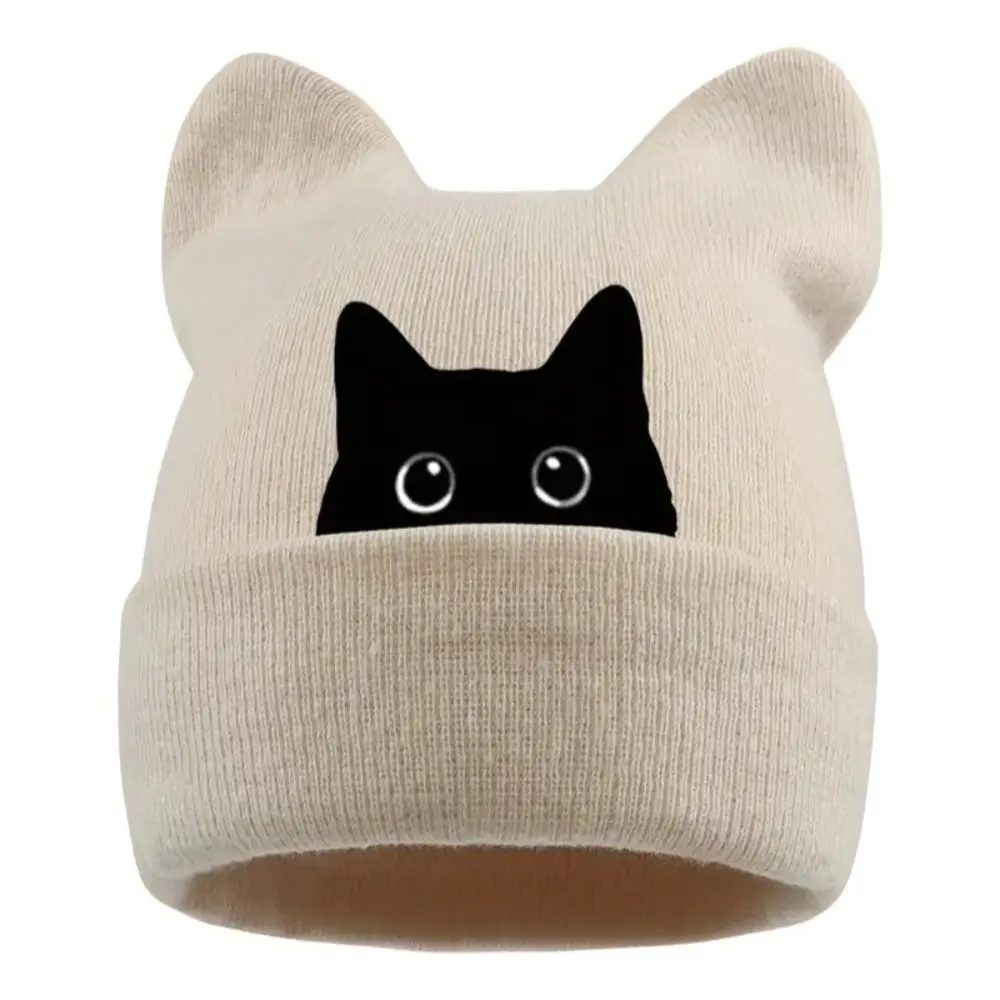 Casual Knit Cat Ear Beanie Hat Y2K Harajuku Stretchable Winter Knit Hat Punk Gothic Brimless Skull Cap Casual Streetwear