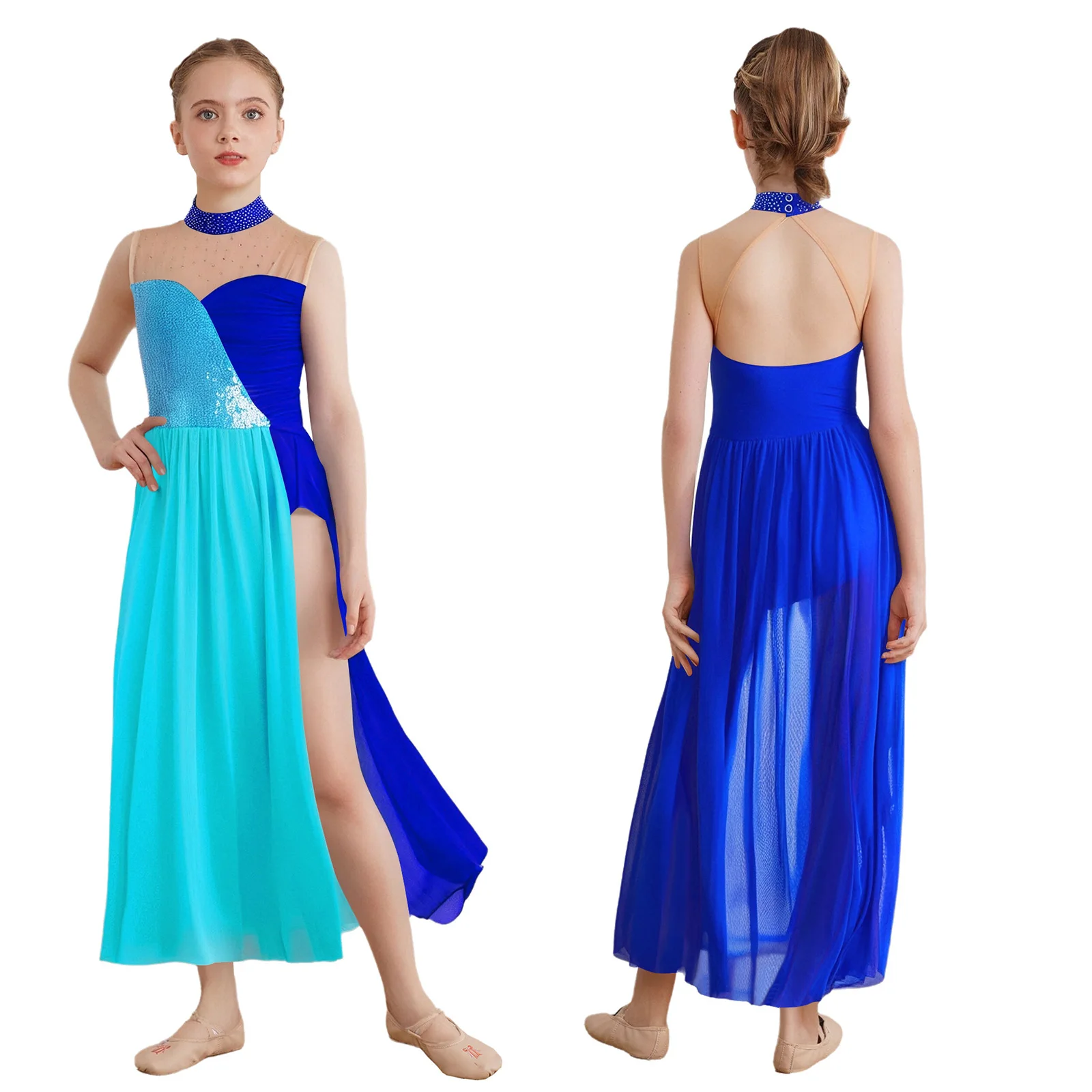 Kids Girls Modern Lyrical Dance Dress Fashion Sequins Sleeveless Side Split Mesh Dress Contemporary Dress Figure Skating Costume