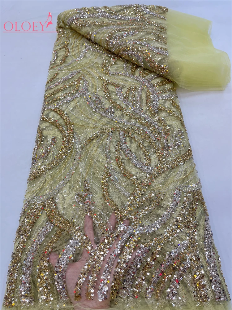

OLOEY High-End Luxury Beads French Embroidery Groom Lace Fabric African Nigerian With Sequins Fabric For Wedding Dress