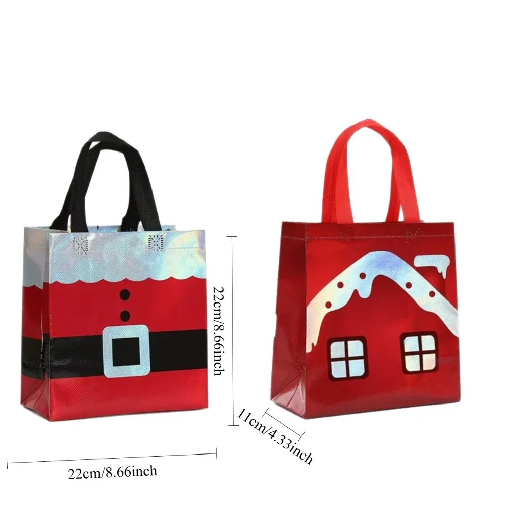 12Pcs Christmas Non‑Woven Tote Bags,4 Styles Laser Print Gift Bags for Xmas Party Candy Apple Fruit Present Packaging