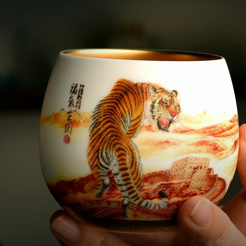 

|of the tiger handmade lanolin jade porcelain pure gold gilded Calendula high-end gift household large Kung Fu tea cup