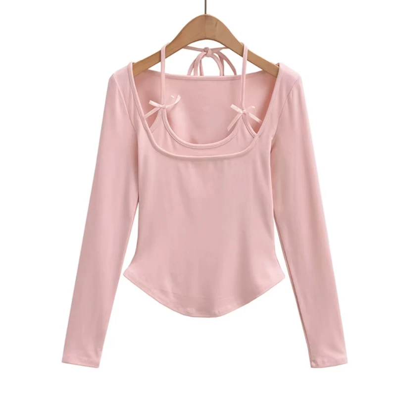 مثير كم طويل قمة الموضة الكورية الرسن الأعلى اقتصاص وهمية 2 قطع الخريف وتتسابق النساء تي شيرت المحاصيل الأعلى الوردي ربطة القوس فيونكة ديكور #1