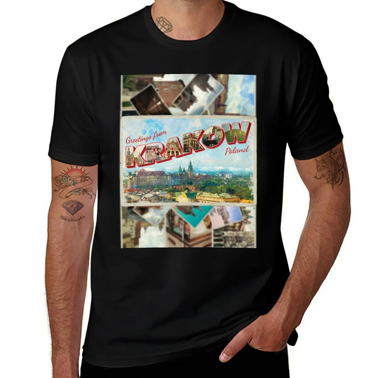 

Greetings from Krakow in Poland Vintage style retro souvenir T-Shirt t shirt man cotton cotton t shirt man T-shirt