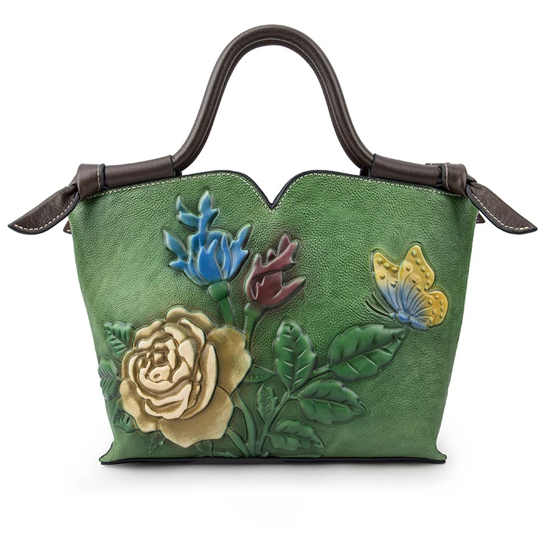 Vintage Floral Leather Handbag -Romantic,exquisite Tote with Rose & Butterfly Embroidery - Genuine Leather