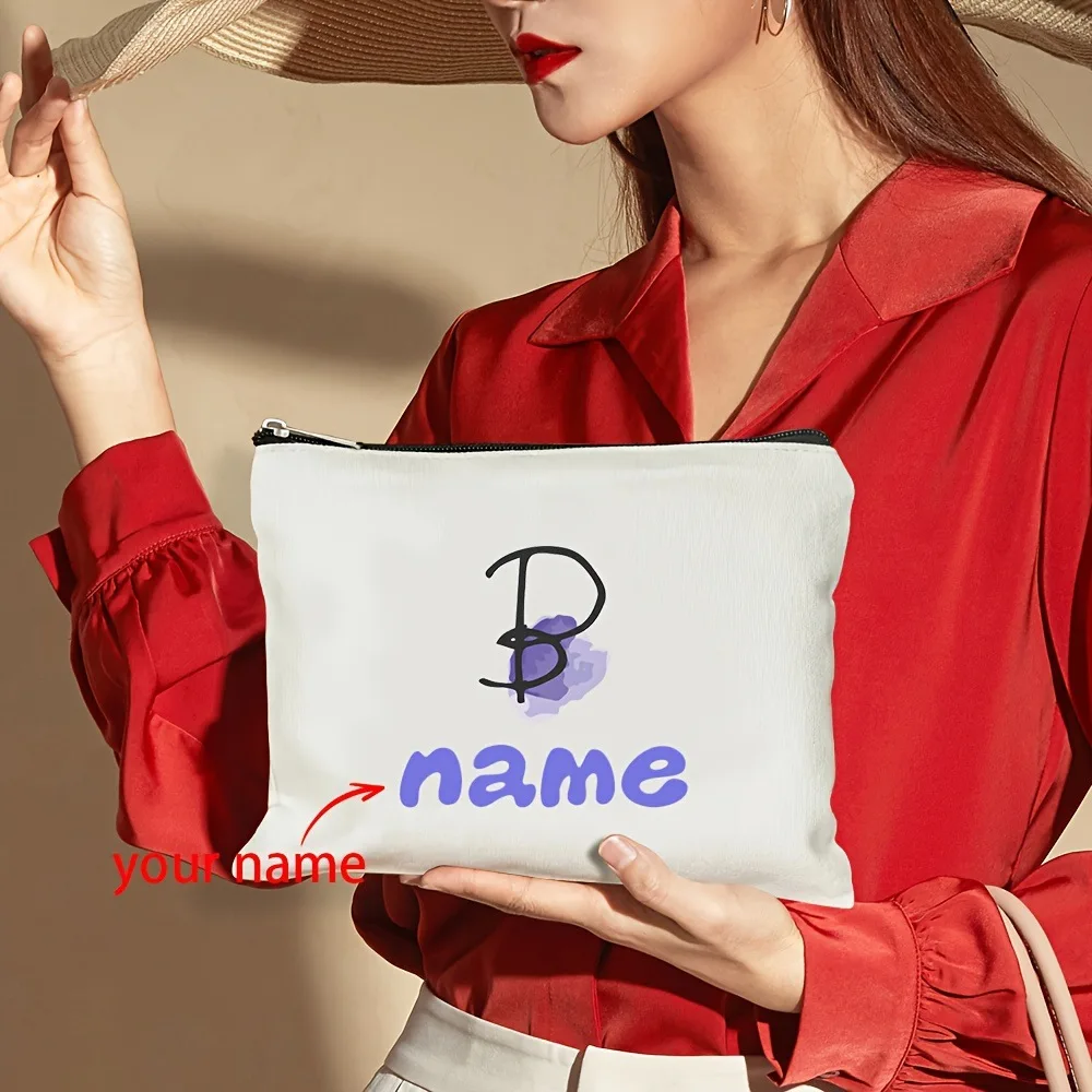 Custom Name Purple Watercolor Monogram Letter Makeup Bag Personalized Zipper Cosmetic Pouch Travel Storage Gift for Women