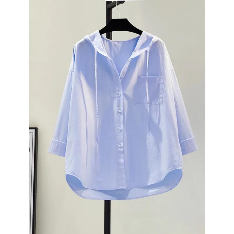 Modieus Koreaans los effen kleur eenvoudig overhemd met lange mouwen en knopen, casual lente en zomer lichtgewicht dameskleding