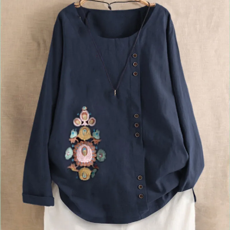 Hot Style Restoring Ancient Ways Long-sleeved Cotton and Linen T-shirt Long Sleeve O-Neck Women's Clothes Loose Shirts Blouses