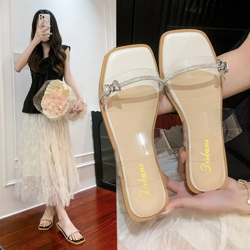 

Summer New Soft Leather Square Toe with Flip-flops Women Fashion Thin Belt Thin Heel Soft Sole Flip-flops Plus Size 41 42 43