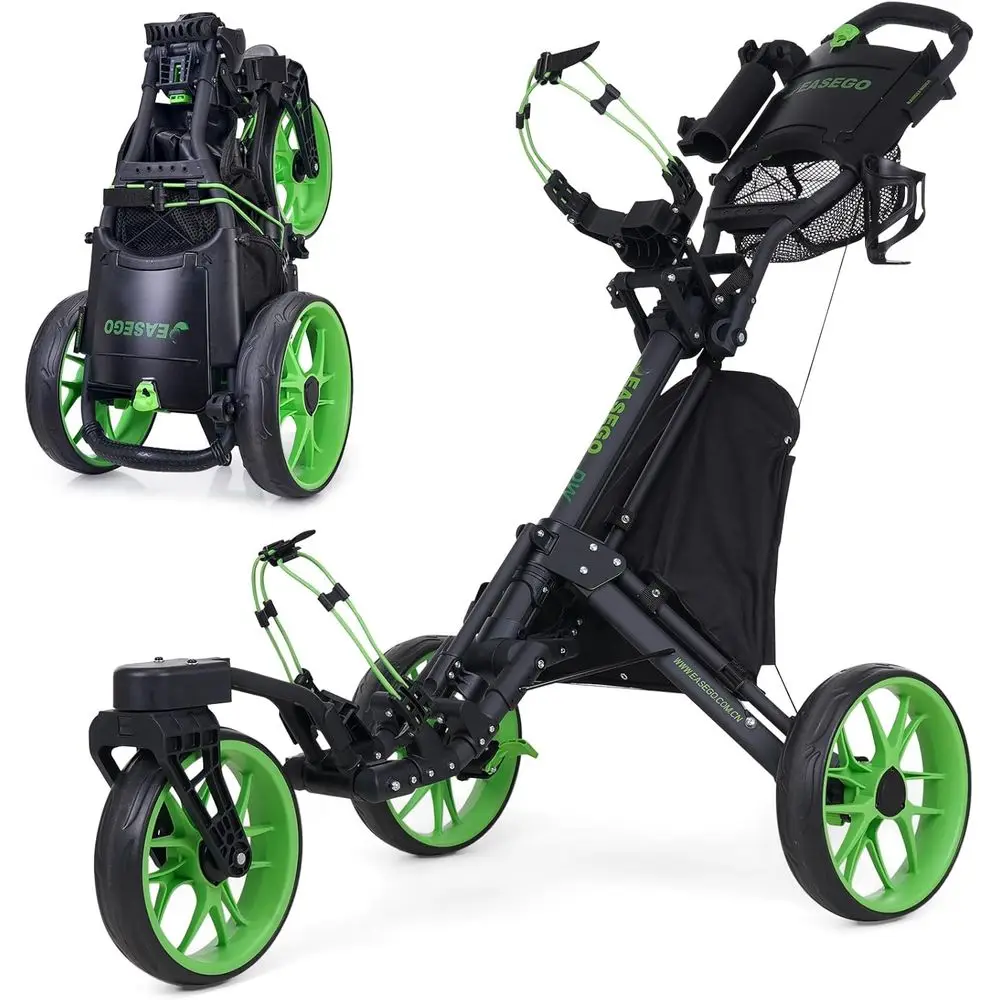 

Push Cart 3 Wheel: 360° Swivel Front Wheels with Phone Holder/Cup Holder/Umbrella Holder/Foot Brake Quick Fold Golf Walking Push