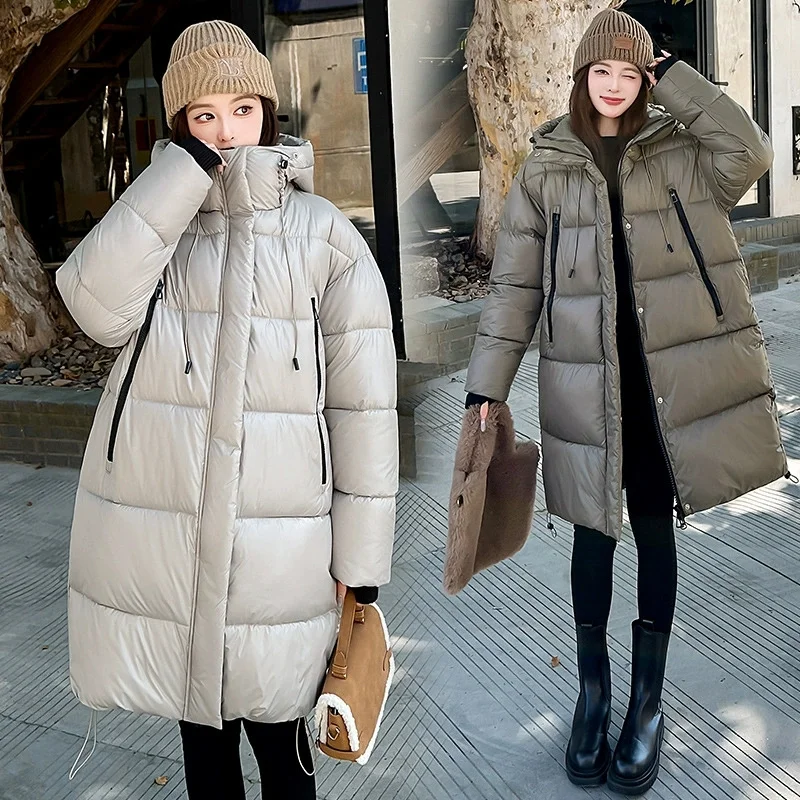 2025 ใหม่ผู้หญิงฤดูหนาวเสื้อกลางยาวHooded Parkaลงฝ้ายเบาะแจ็คเก็ตหญิงParkasสบายๆOutwearหิมะสวมเสื้อ