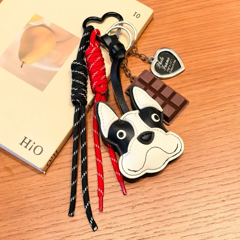 Hand Stitched PU French Bulldog Keychain Cute Dog Bag Pendant Braided Tassel Keyring for Handbag Backpack