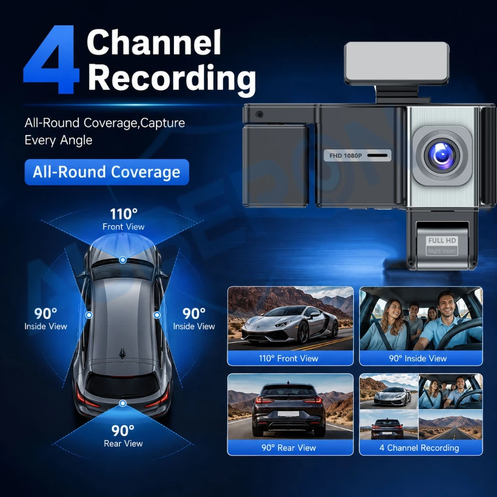 4 Channel Dash Cam WiFi 1080P Front Interior Rear Car DVR Night Vision G Sensor Loop Recording Motion Detection APP Control