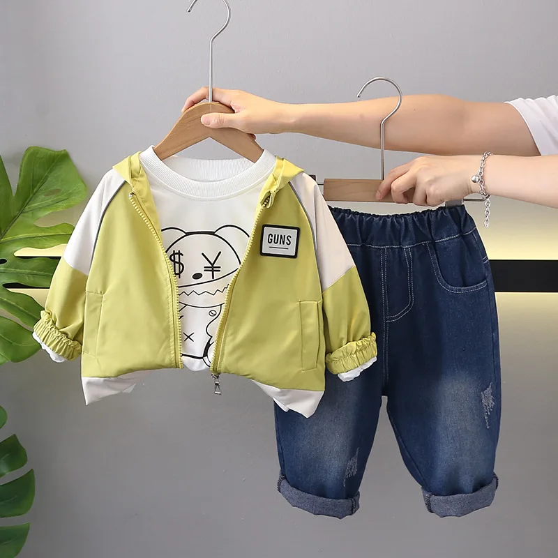 

Toddler Fall Boy Outfit Set 2024 Autumn Baby Infant Clothes 1-5T Hooded Cardigan Coats + White T-shirts + Pants Boys Tracksuit