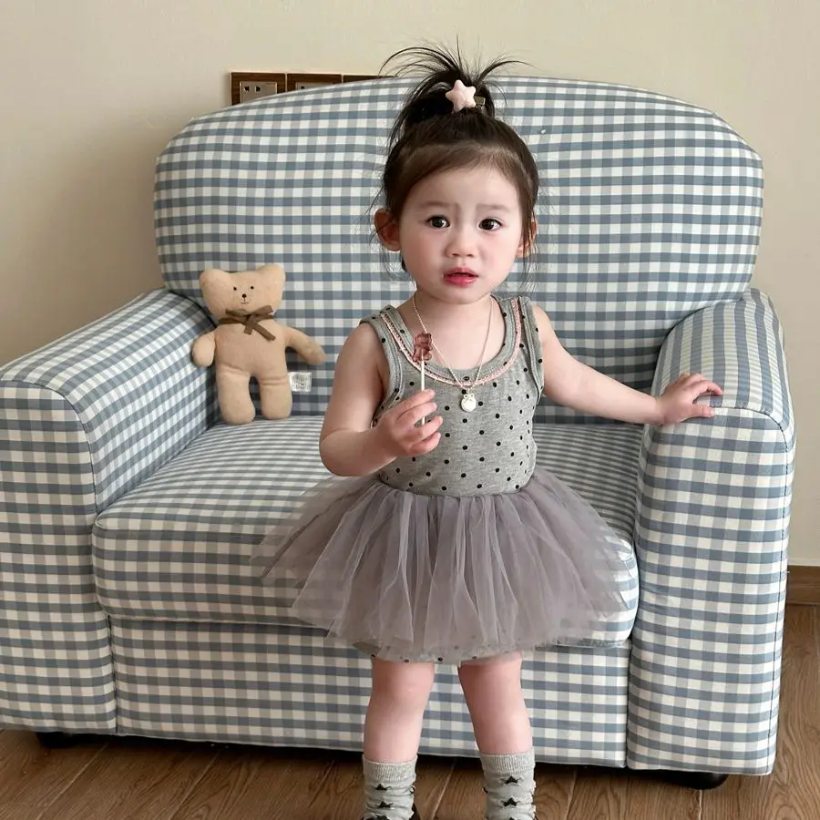

Girls dress two-piece set summer new cute polka dot camisole skirt thin vest skirt for children