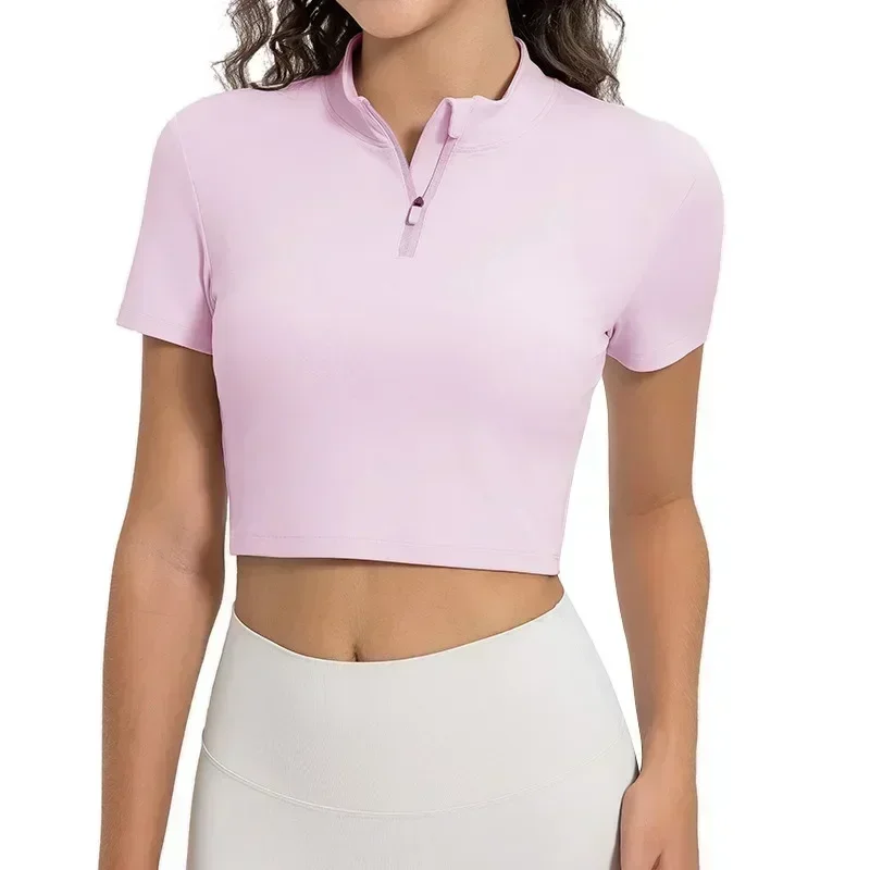 Limão feminino yoga esporte manga curta topo ao ar livre jogging lazer deslocamento roupas esportivas macio gola alta meio zíper camisas