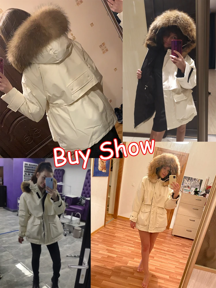 Fitaylor Winter Large Natural Fur Hooded Down Jacket Women Thick Warm Snow Beige Outerwear White Duck Down Coat Adjustable Waist