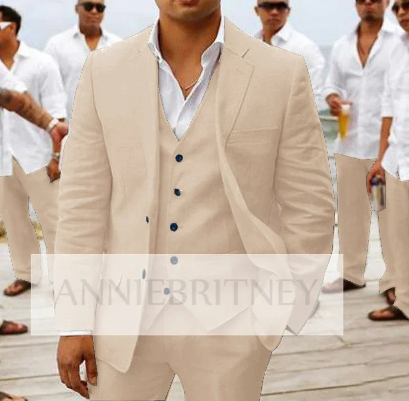 Traje de lino Beige para Hombre, traje informal de 3 piezas para boda, playa, azul, personalizado, novedad de verano, 2023