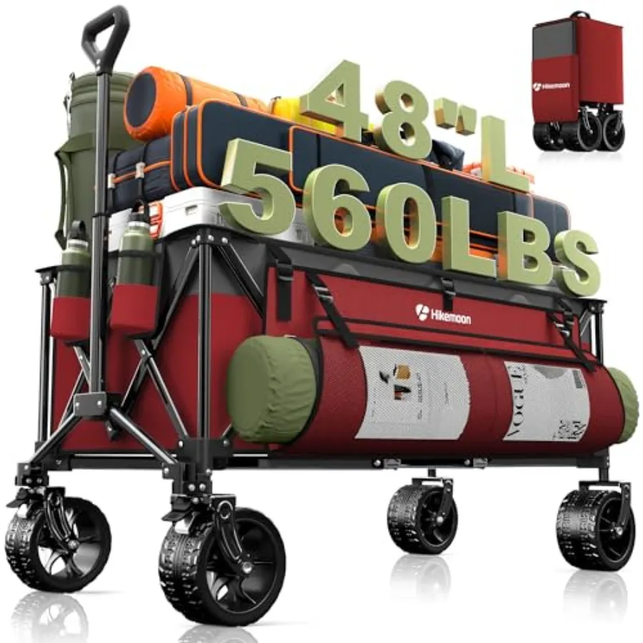 

300L Extra Large Foldable Beach Wagon 560LBS Heavy Duty Cart 48 Long Red Grey All-Terrain Wheels for Camping Grocery Sports Gar
