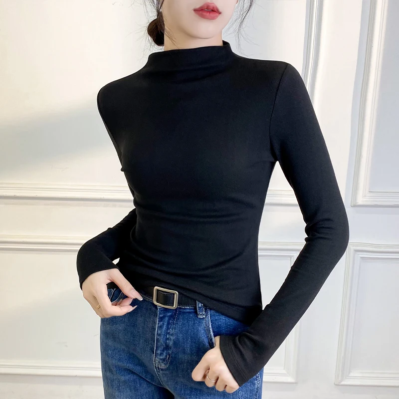 

Korean Women Long Sleeve Turtleneck T Shirts Ribbed Thick Knit Sexy Slim Pullover Casual Women Basic Crop Tops Cropped T-Shirt
