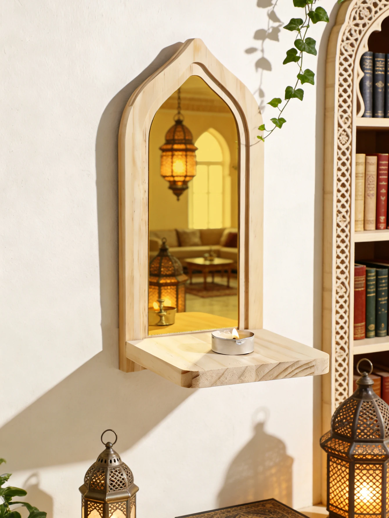 Ramadan-Holzbogen-Spiegelregal, dekorativer Hängespiegel für Badezimmer, Schlafzimmer, Aufbewahrungsregal für Pflanzen, Kerzen, Heim- und Wanddekoration