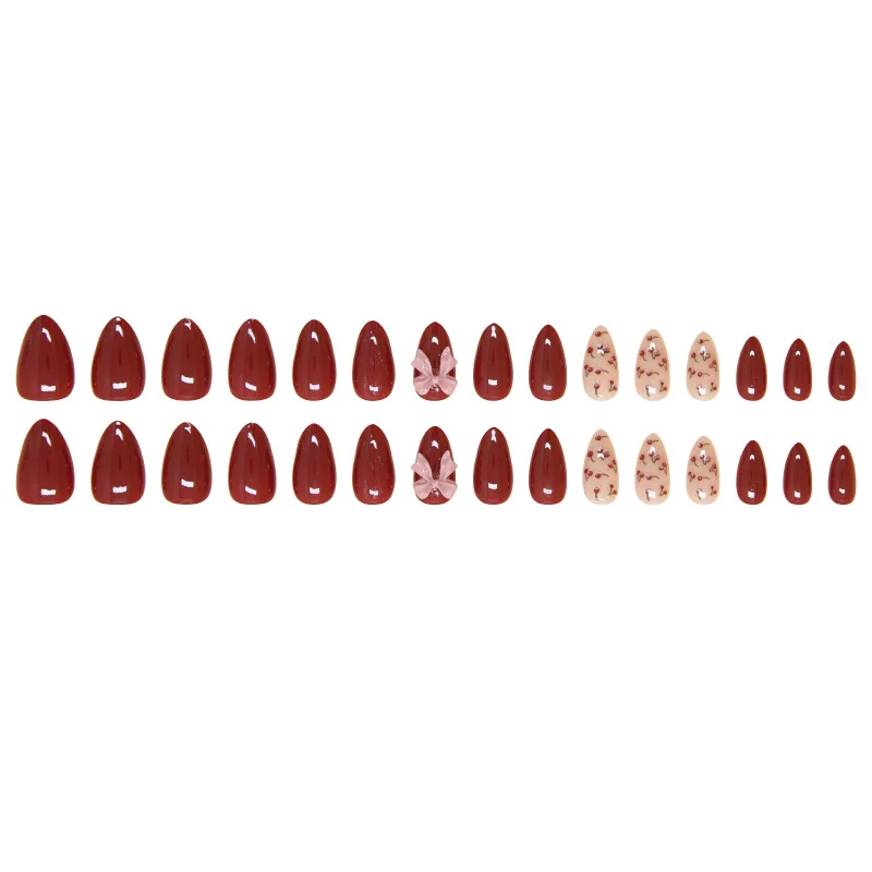 24pcs Solid Color Cherry Bow Fake Nails with Design Red Almond  Press on Nails Girls Medium Long Decorated False Nails Acyrlic