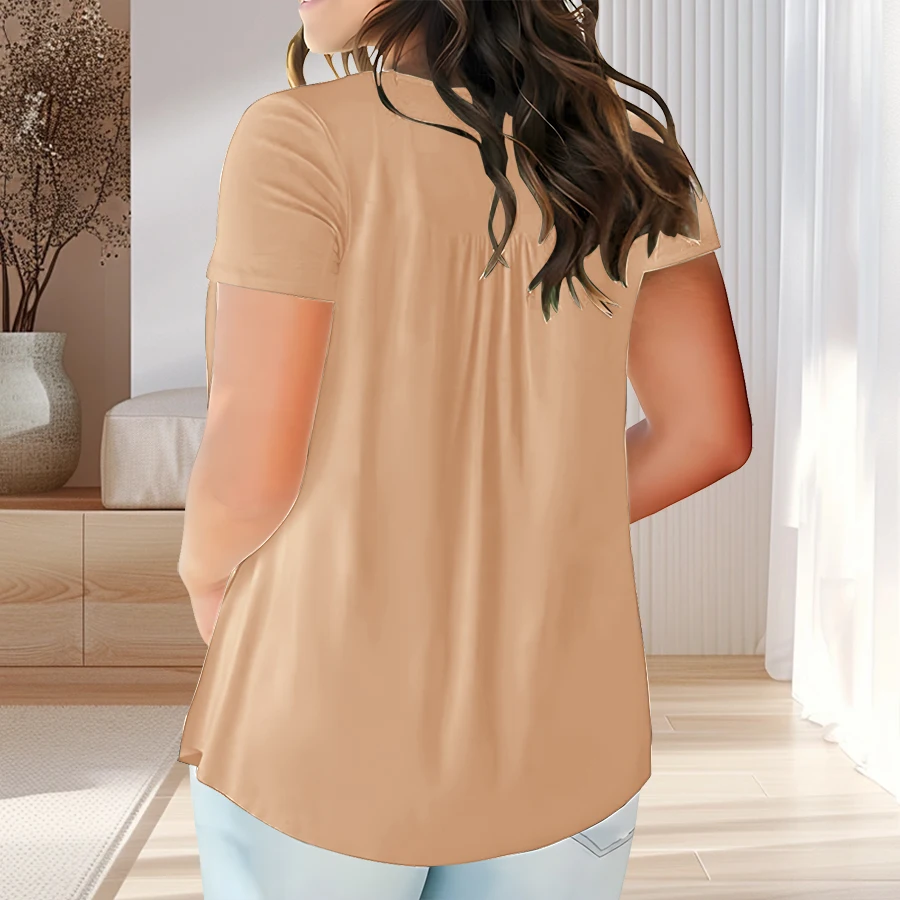 【Plus Size】Solid Color Button Front Tee, Casual Fashion Short Sleeve Scoop Neck T-shirt for Summer