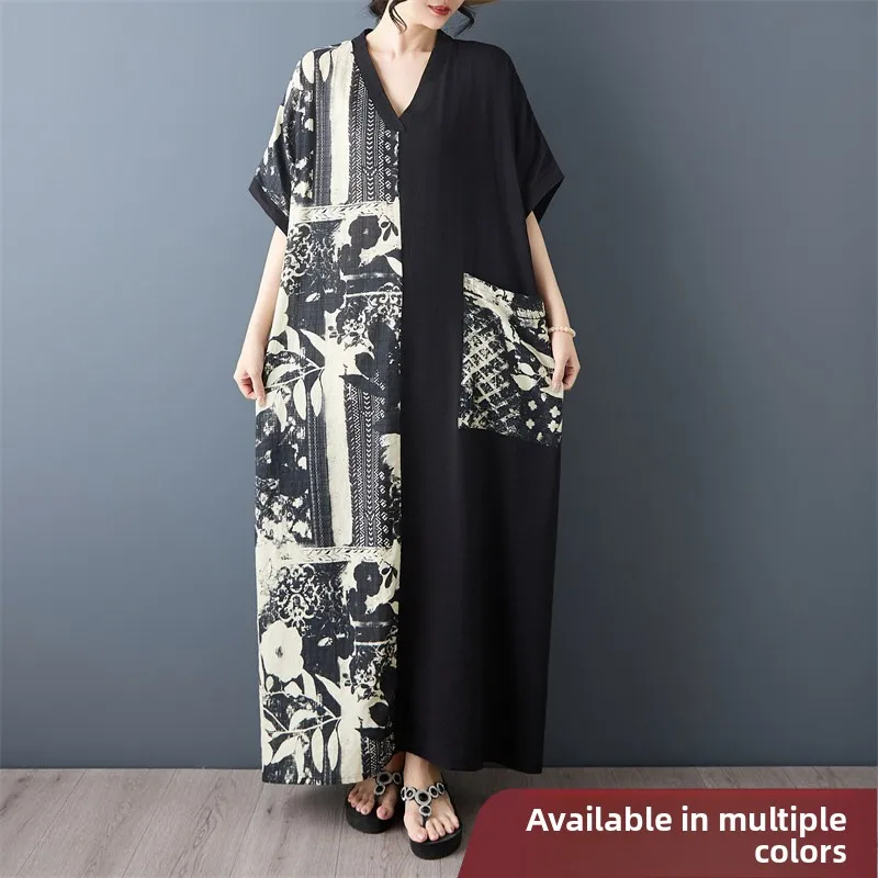 

Slimming Long Cotton Linen Dress V-Neck Short Sleeve Color Block Black Large Size Women's Fashion City Walk Straight Cut Gown