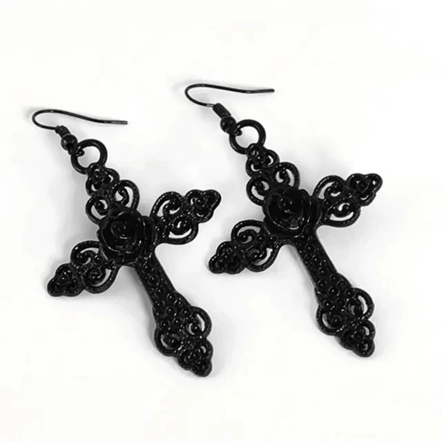 Black Gothic Cross Necklace with Rose Detail Trad Jewelry Ornate Cross Pendant Gift Women Fashion Delicacy