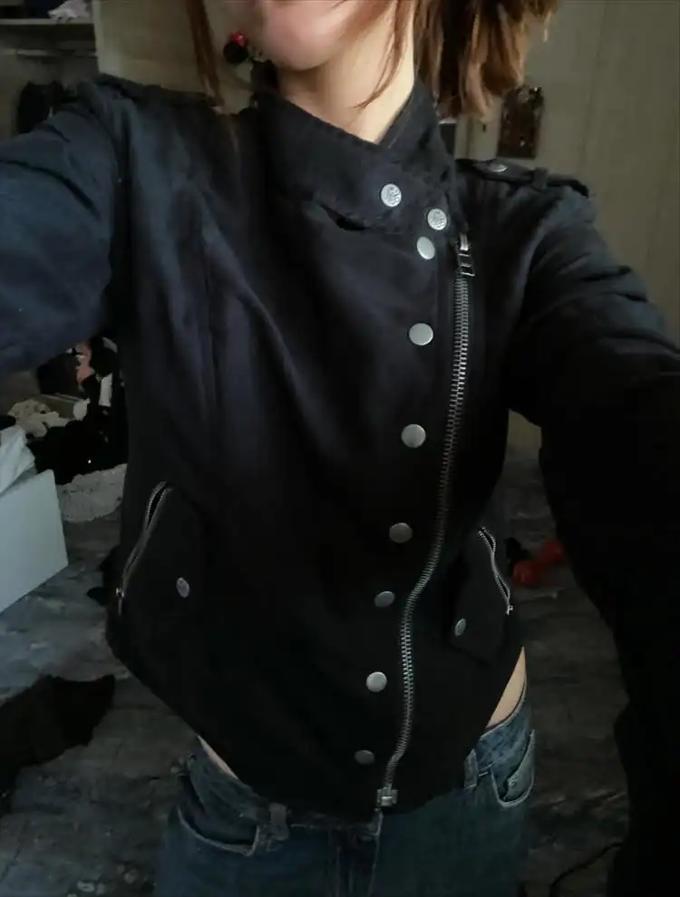 Autumn and winter rock punk hip-hop Gothic stand-up collar zipper jacket high street fashion y2k str