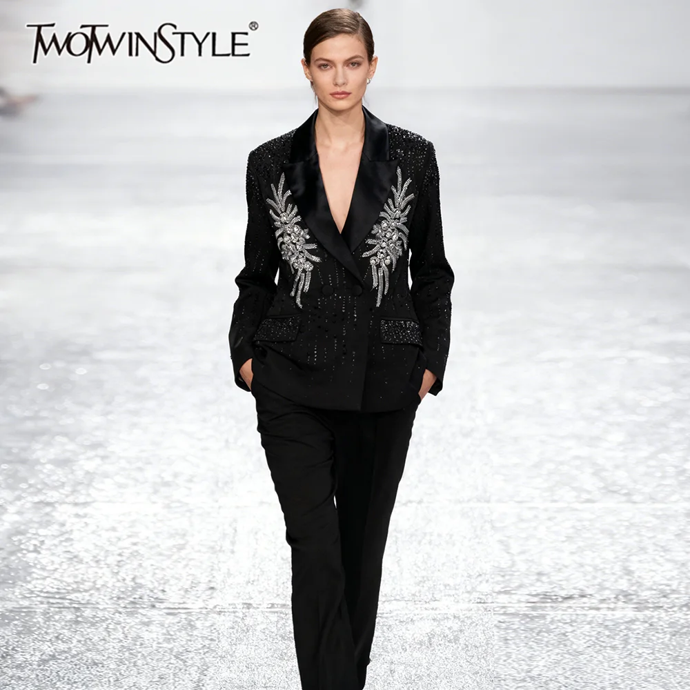 

TWOTWINSTYLE Solid Slimming Spliced Beading Luxurious Blazers for Women Lapel Long Sleeves Tunic Patchwork Hot Fix Blazer Female