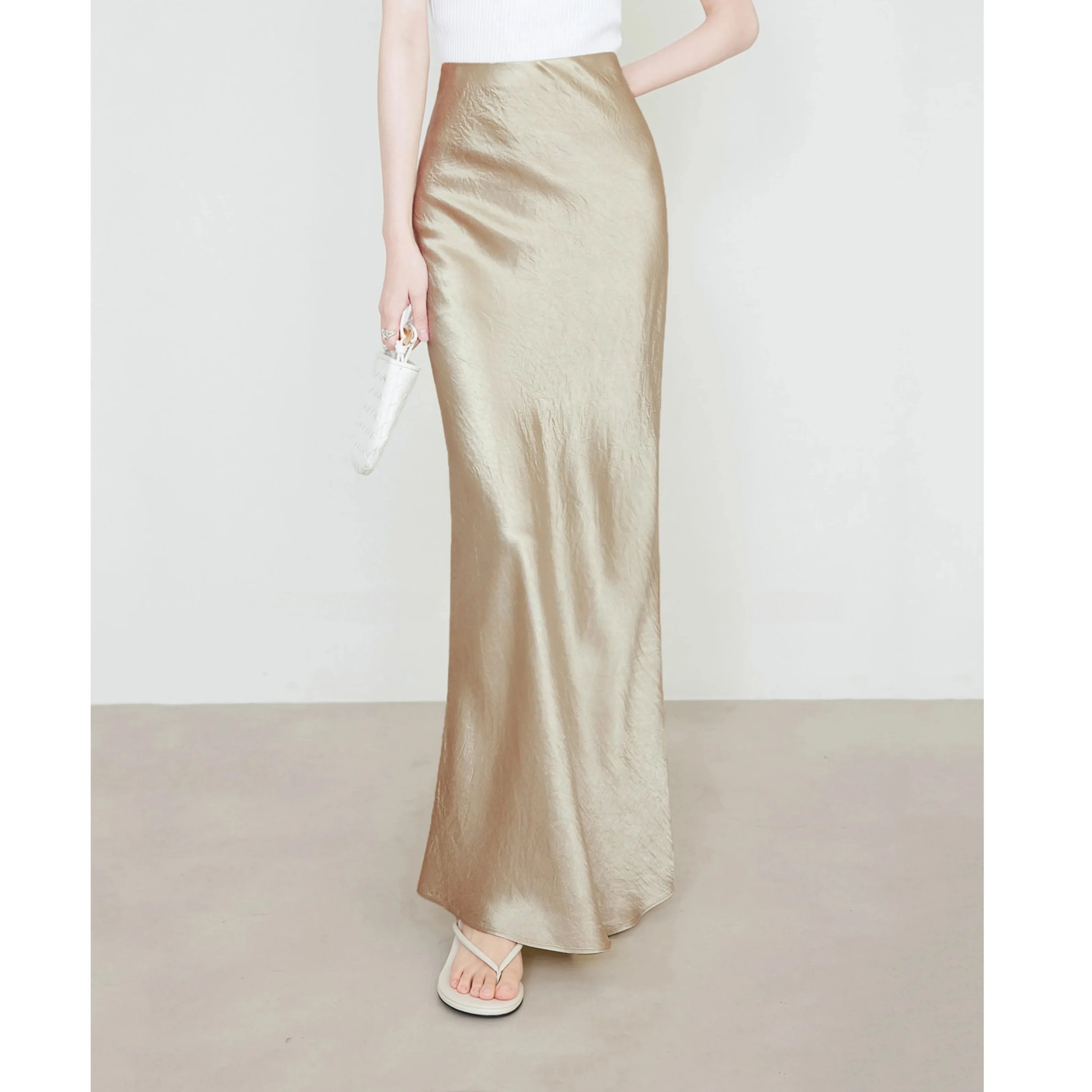 Elegant Womenswear Satin Midi Skirt High Waist Elastic Hand Pleated Long Skirt Elegant Commuter Solid Color Luxury Skirt