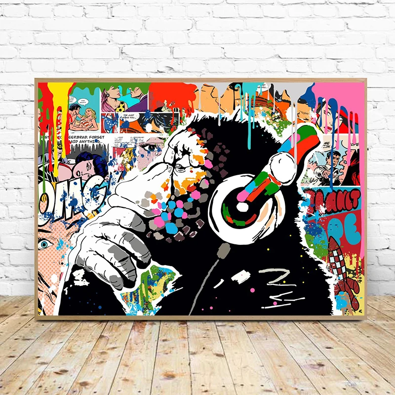 Modern Abstract Wall Art Graffiti  DJ Monkey Smoking Hip Hop Street Pop Canvas Painting Poster Prints Home  Living Room Decor