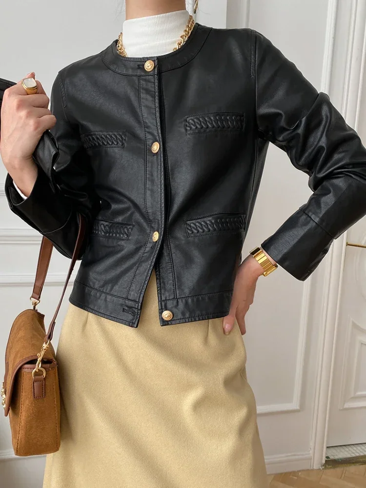 Elegant O-neck Leather Jacket for Women Spring Autumn 2024 New Trend Woven Texture Design PU Leather Cropped Jackets