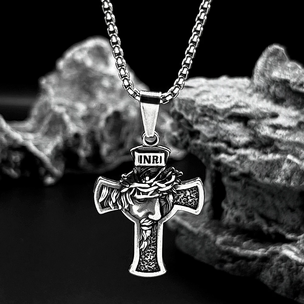 Crown of Thorns INRI Jesus Cross Pendant Necklace for Women Men Stainless Steel Silver Color Crucifix Chain Necklaces Jewelry
