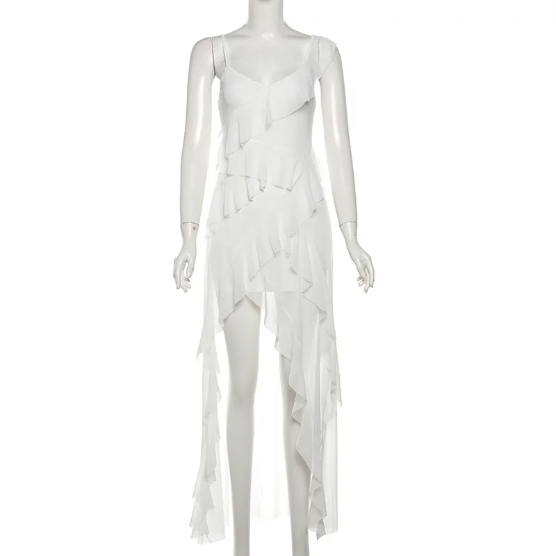 الصيف موضة الخامس الرقبة فساتين عارية الذراعين مكدسة مثير الأبيض فستان طويل المرأة سليم صالح السباغيتي حزام قميص Coquette Y2k الملابس