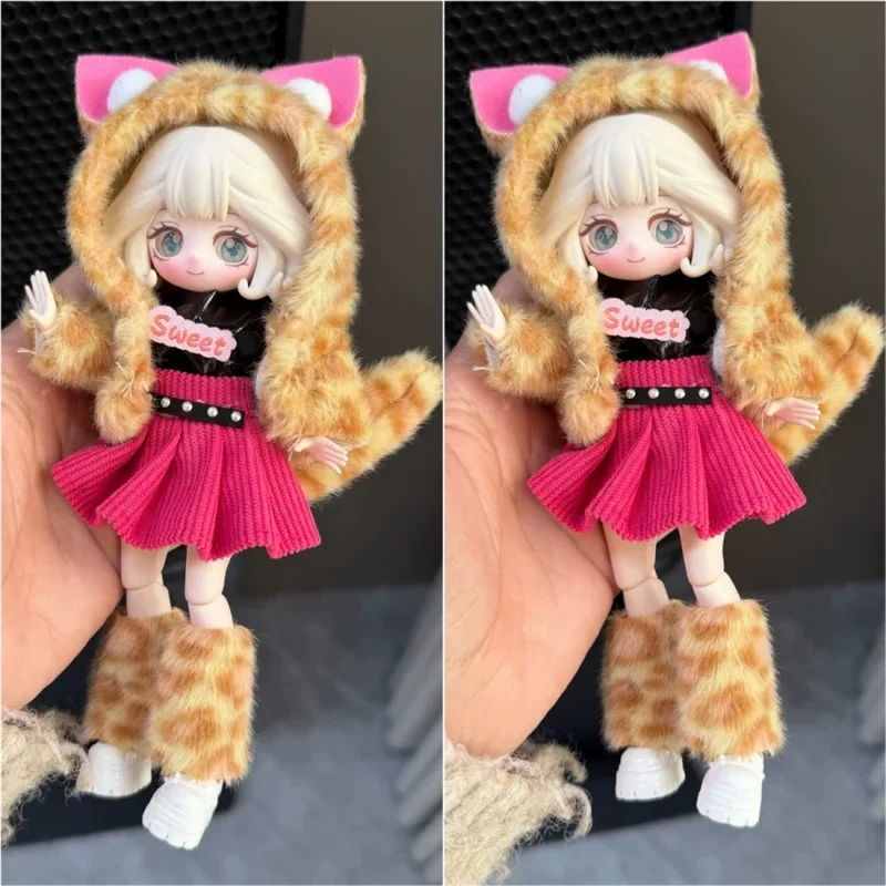 For 1/8 BJD Doll Cute Animal Puppy Coat Hat Bag Set Outfit Clothing Sexy Plush Leopard Print Jacket Clothes For 16 17cm Doll