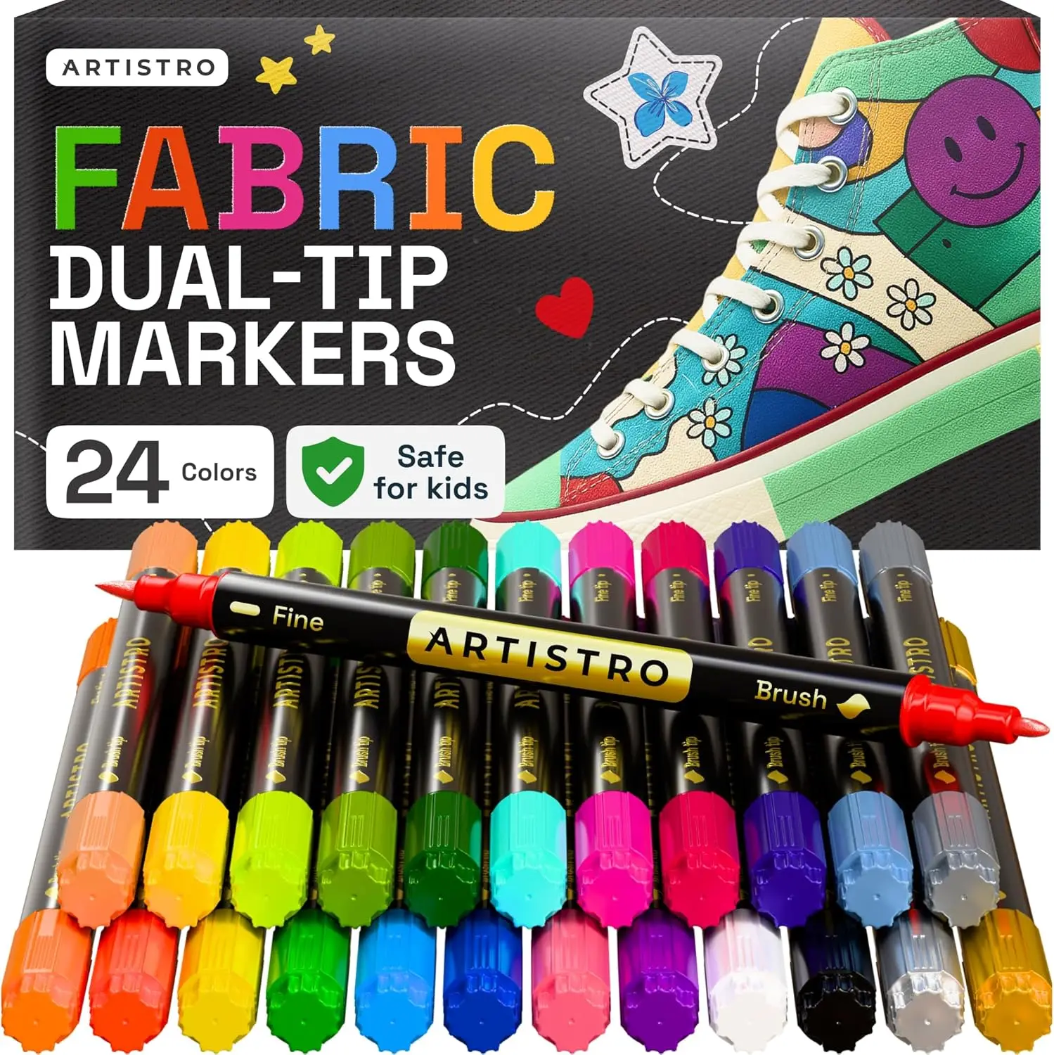 

24 Dual-Tip Fabric Markers - Permanent for Clothes - Acrylic Paint Pens for Sneakers, Bags, Shoes, Textile, Canvas, Sewing, Craft, DIY - Brush and Fine Tip