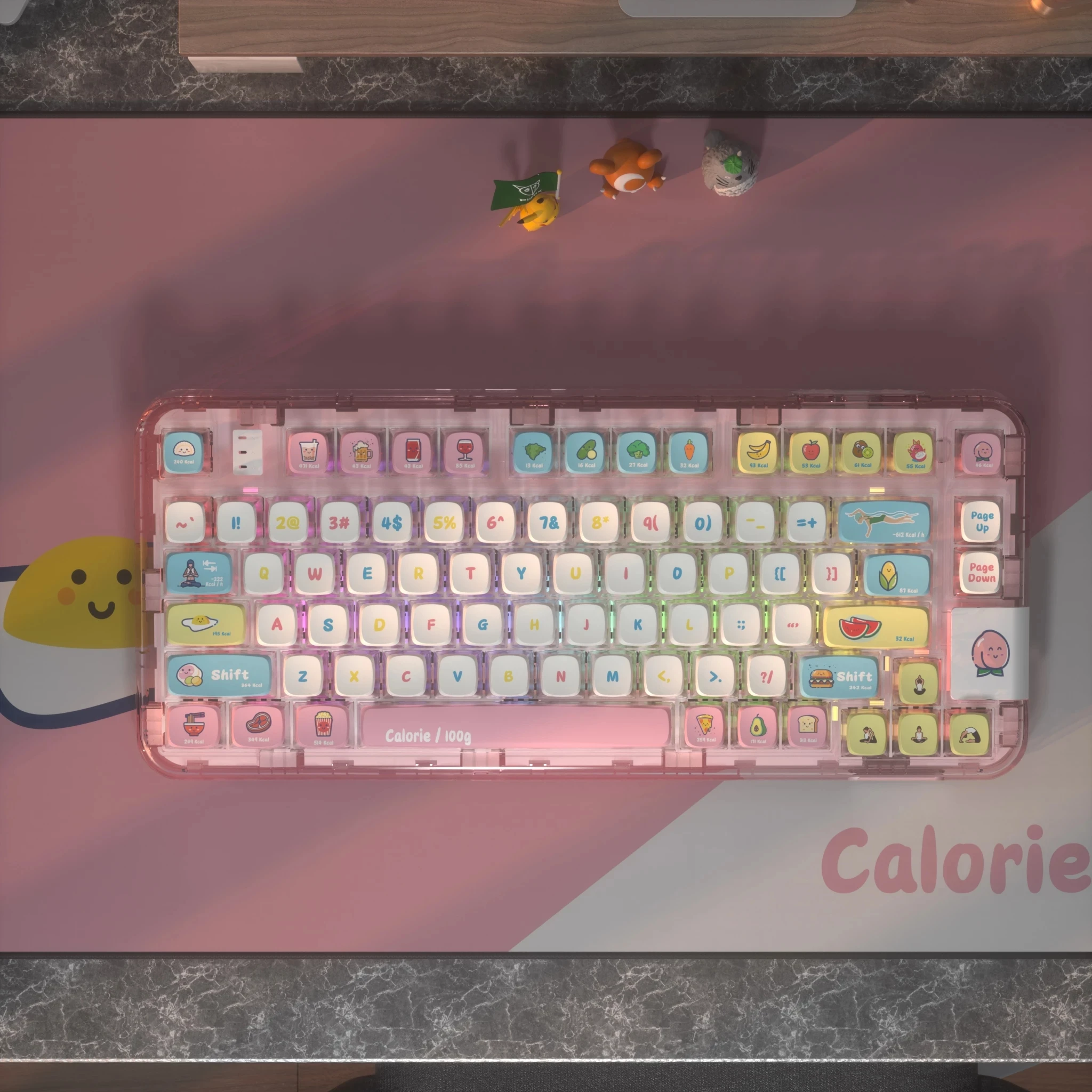 Pudim teclado mecânico Keycaps, PBT bonito, luz personalizada Transmitância, ASA perfil, tema de calorias, 117 chaves