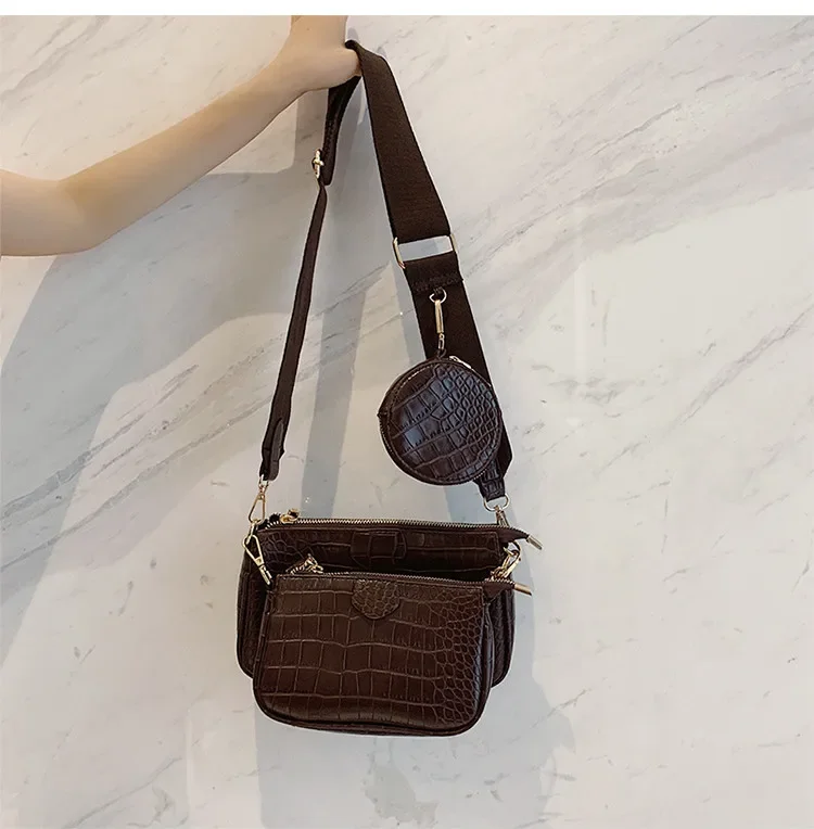 

Alligator print women shoulder bag luxury designer wide strap Crossbody bag chain Sling bag pu leather ladies 3 set handbag