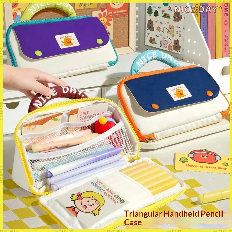 

Пенал NICE DAY Color Block Cartoon Dopamine с цветными блоками, большой вместимости, с множеством карманов, портативный, с ручкой, милый и эстетичный, для школьников