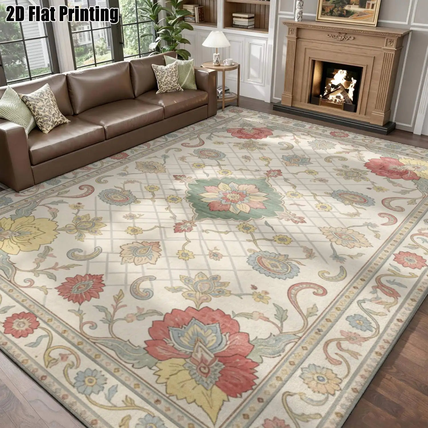 1Pc 2D Printed Floral Carpet, Beige Background, European Retro Style, Machine Washable, Multi-Size Home Decor Mat for Entryway, Living Room, Bedroom, Dining Room