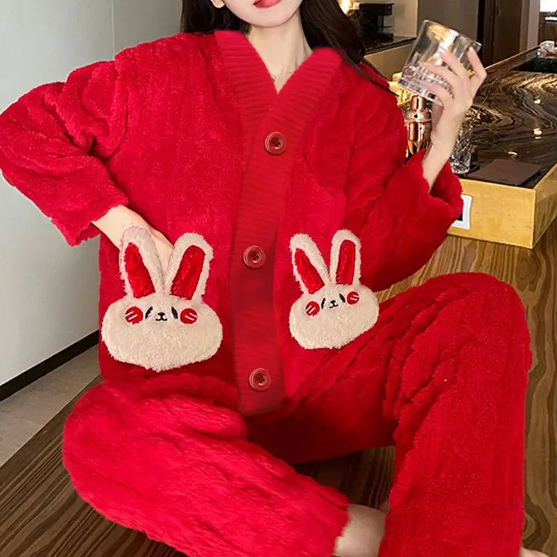 

2024 New Fashion Joyous Red Coral Fleece Pajamas New Year's Birthday Gift Sleepwear Women Casual Cute Home Fur Set Outside Wear