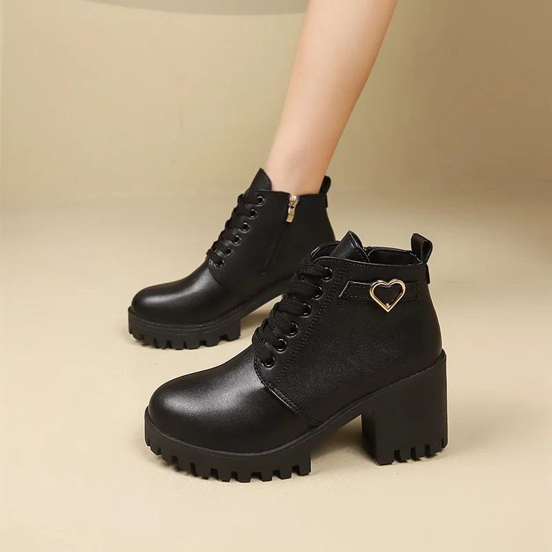 2025Women's Boots PU Leather Casual Boot Fashion High-heeled Ankle Boots for Women Lace Up Platform Boot Side Zipper Botas Mujer