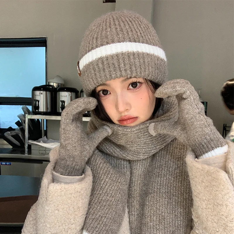 Winter Knitted Woolen Hat Women Cold Warm Hat Scarf Gloves Set of Three Fashionable Hundreds of Ear Protection 3Pcs