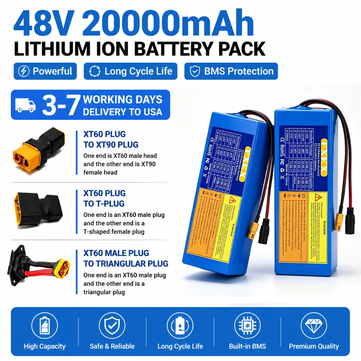 48V 20Ah 20000mAh 18650 13S5P Lithium Battery With 30A BMS 200-1500W For 48V E-Scooter Li-ion Battery Pack