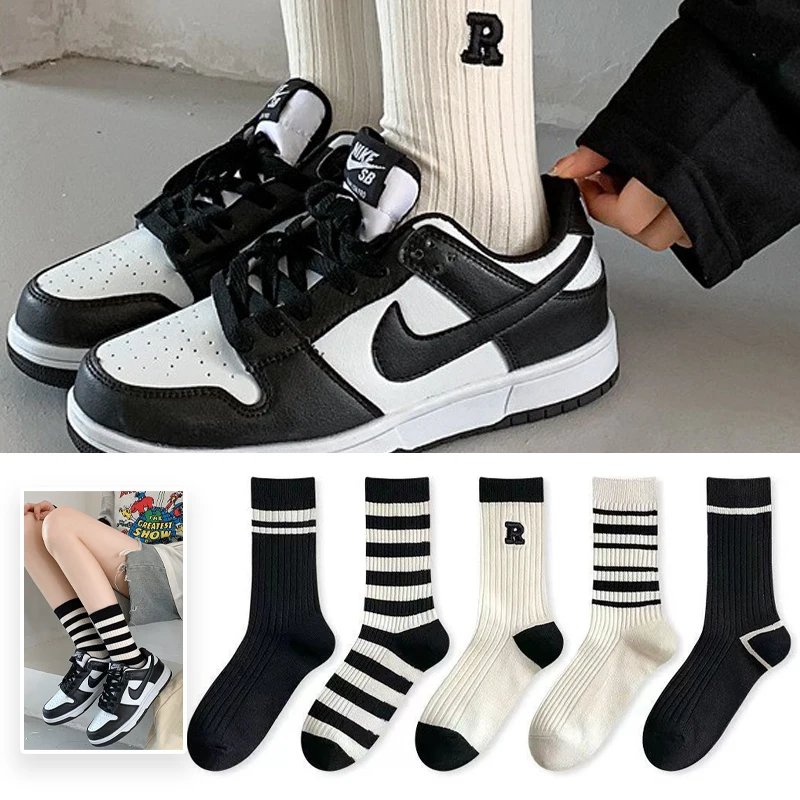 

Crew Slouch Socks for Women Black White Stripe Embroidery Breathable Double Needle Cotton Spring Summer Autumn Casual Socks