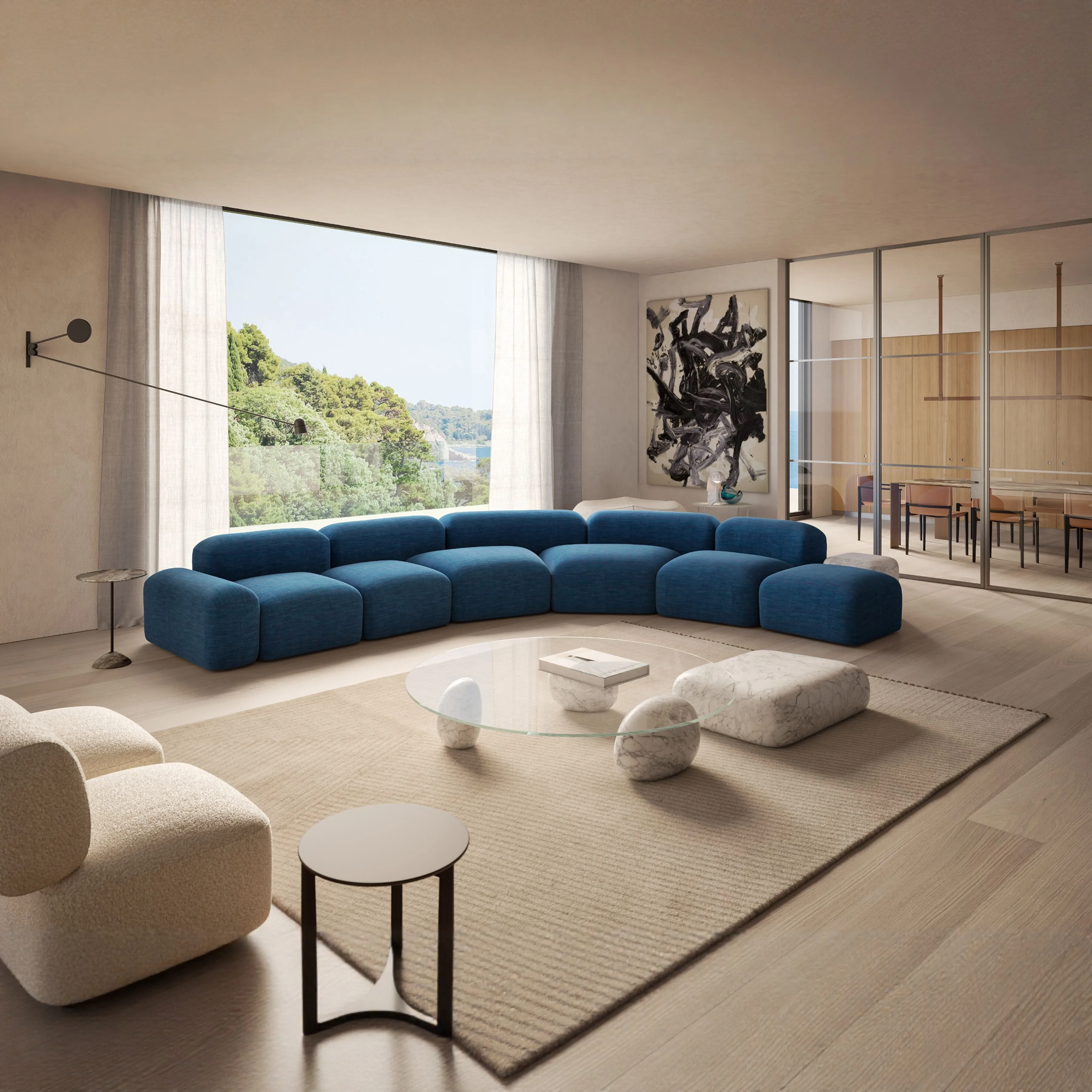 Italian minimalist style large flat floor negotiation module combination curved corner fabric sofa