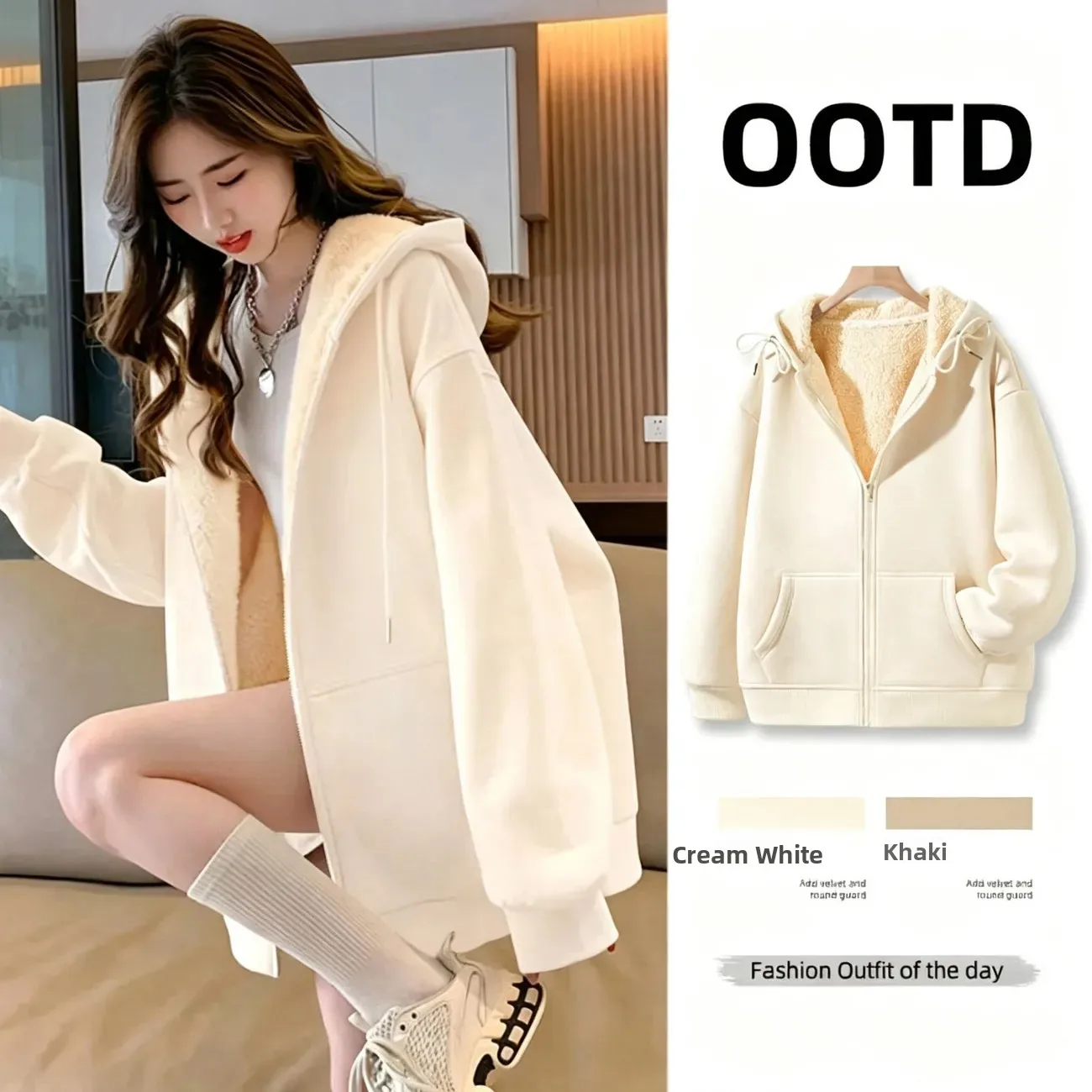Women's Hooded Lamb Velvet Sweatshirt Thickened Winter Coat Open Cardigan Loose Style Polyester Fabric Warm Commute Fashion